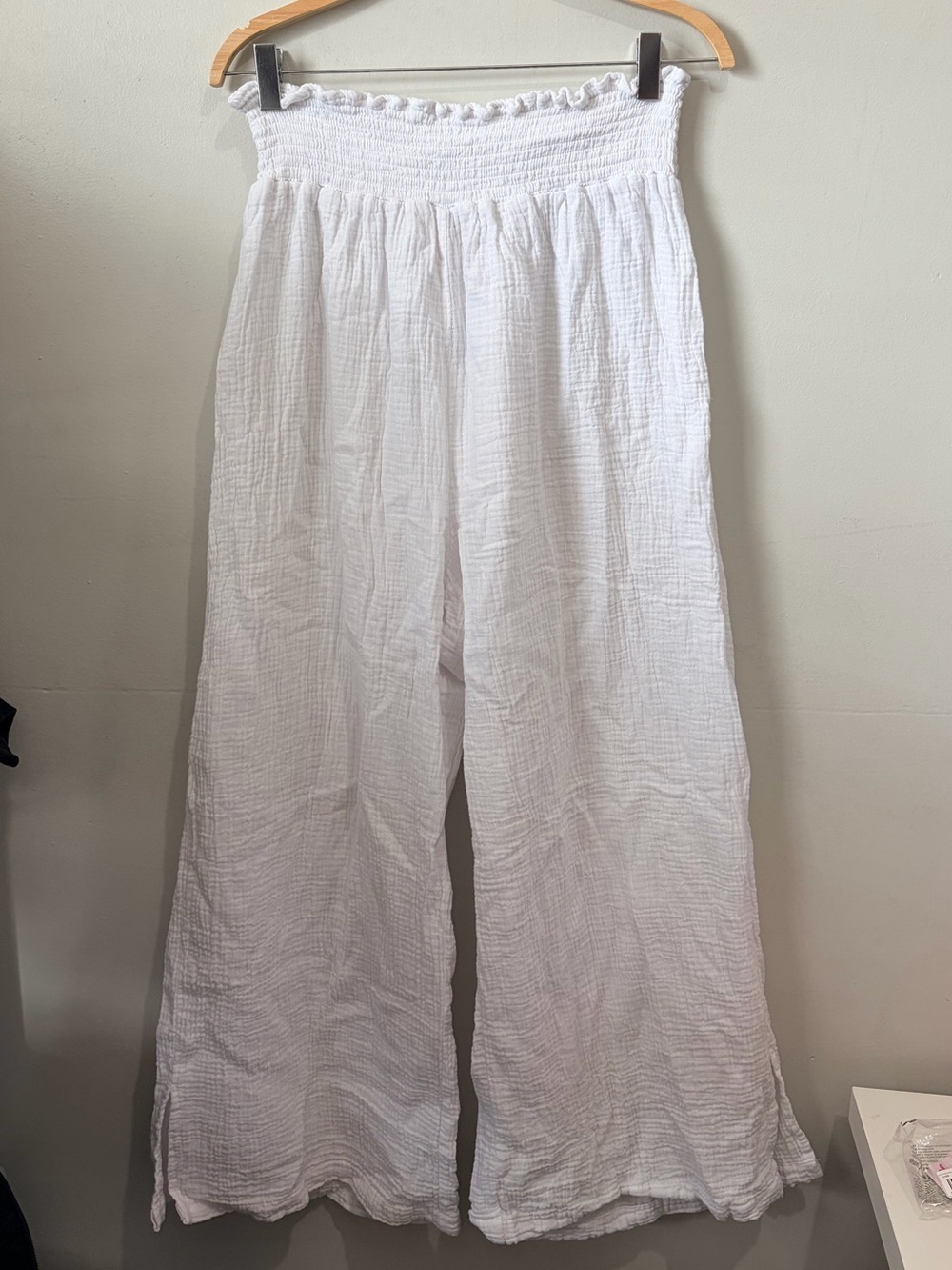 Our Dreamers White Gauze Smocked Wide Leg Cover Up Pants Side Slit 1X
